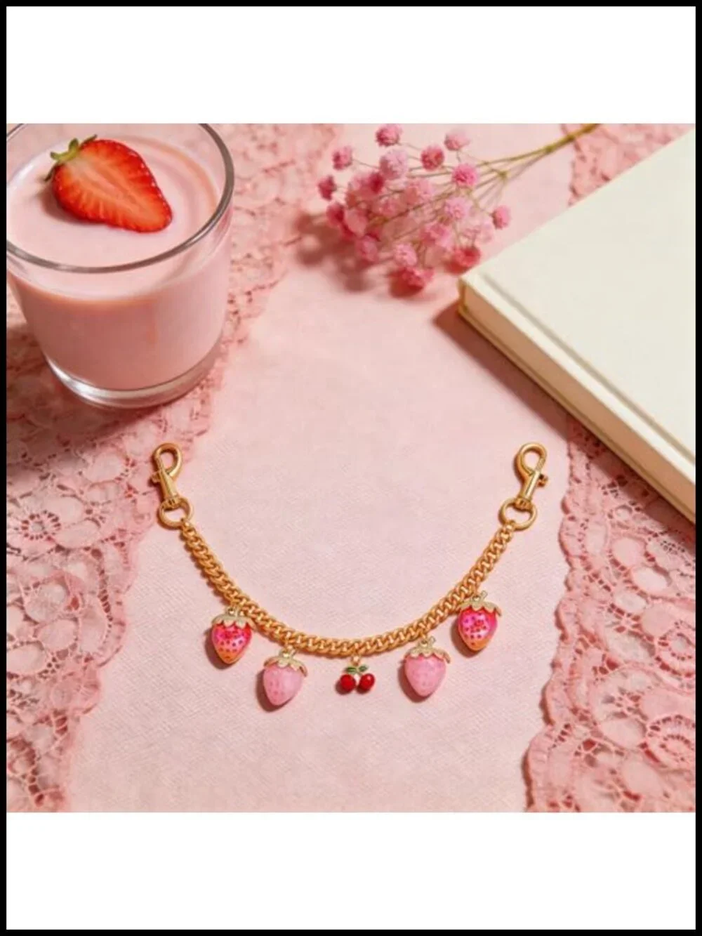 Strawberry Purse Charm Keychain - Gold Plated Alloy Bag Chain Extender with